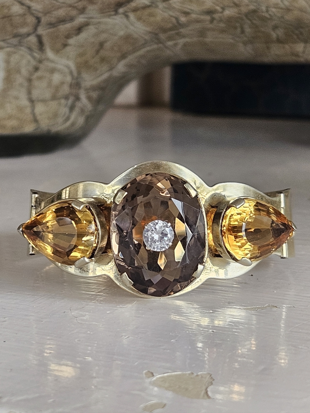 Vintage Bohemian 14k Gold Filled Sterling Citrine Smoky Topaz Statement Bracelet